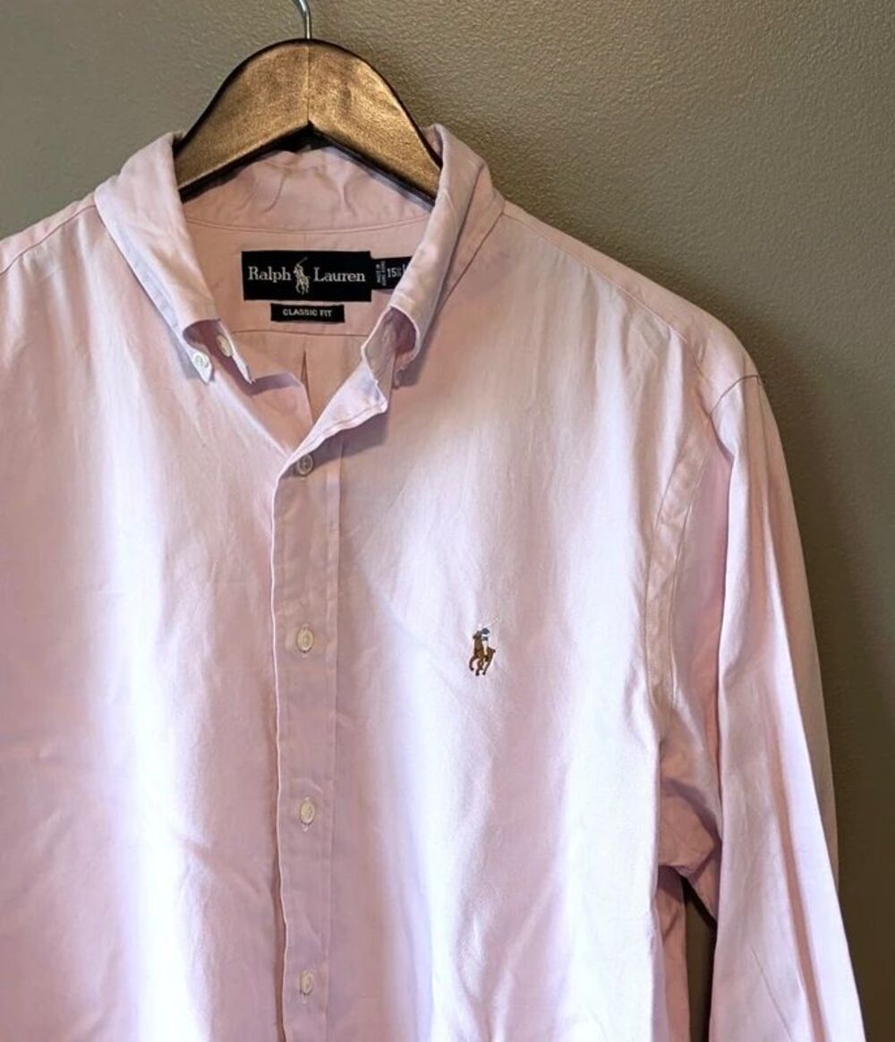 Vintage Ralph Lauren Mens 15 1/2 Medium Pink Cotton Button Down Shirt Pony - Picture 2 of 5
